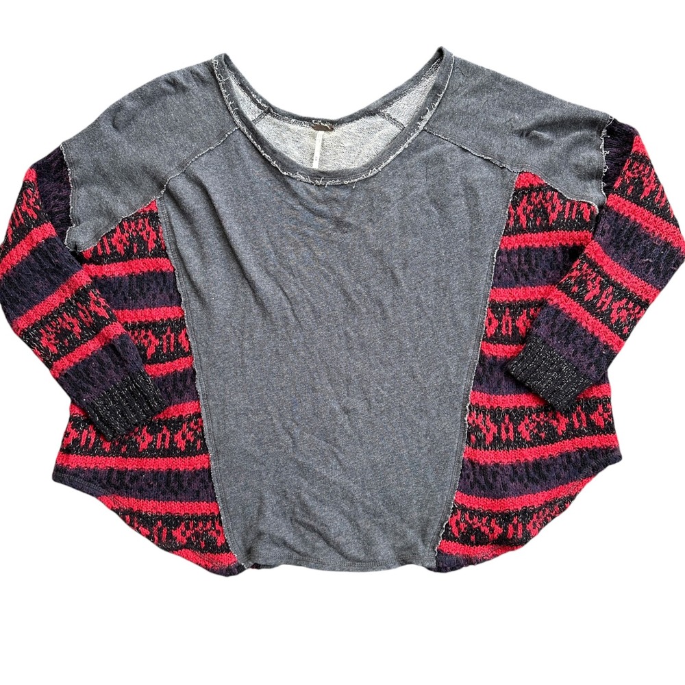 Free‎ People Pullover Women M Gray Red Excellent Mixed Media Fair Isle Oversized